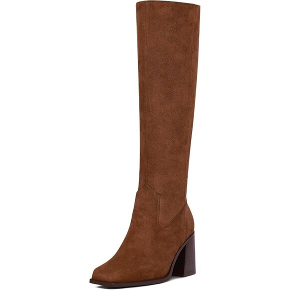 Women Brown-suede Polyurethane Knee High Square Toe Zipper...